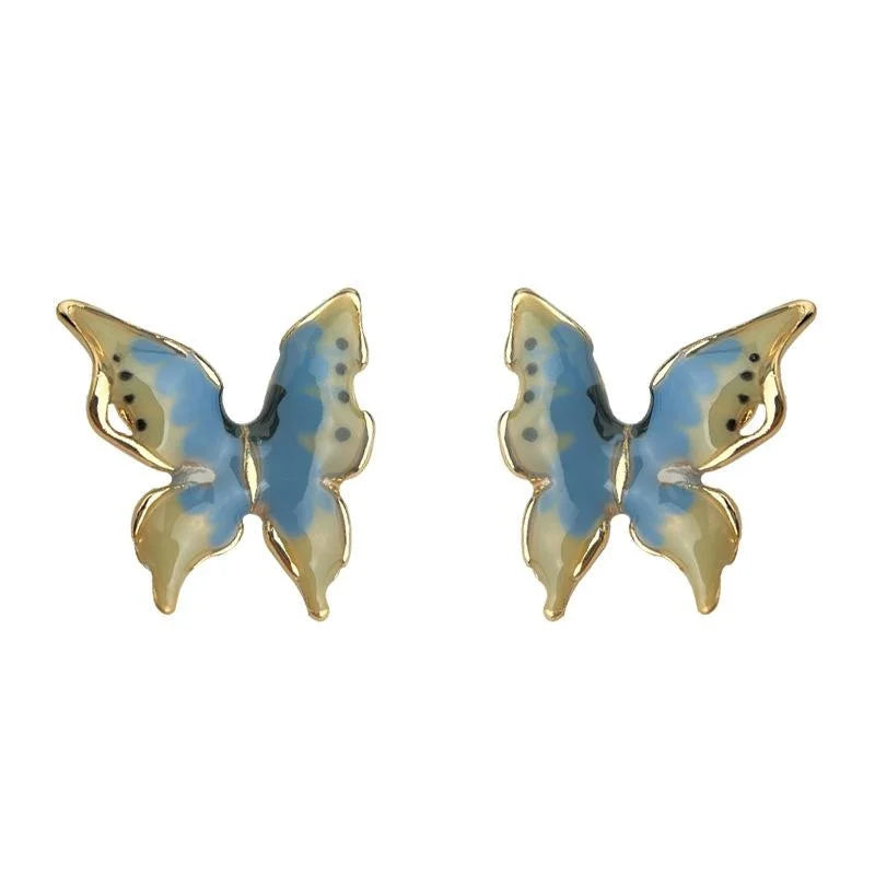 14K Plated Copper Hand Painted Iridescent Enamel Butterfly Stud Earrings Sweet Style