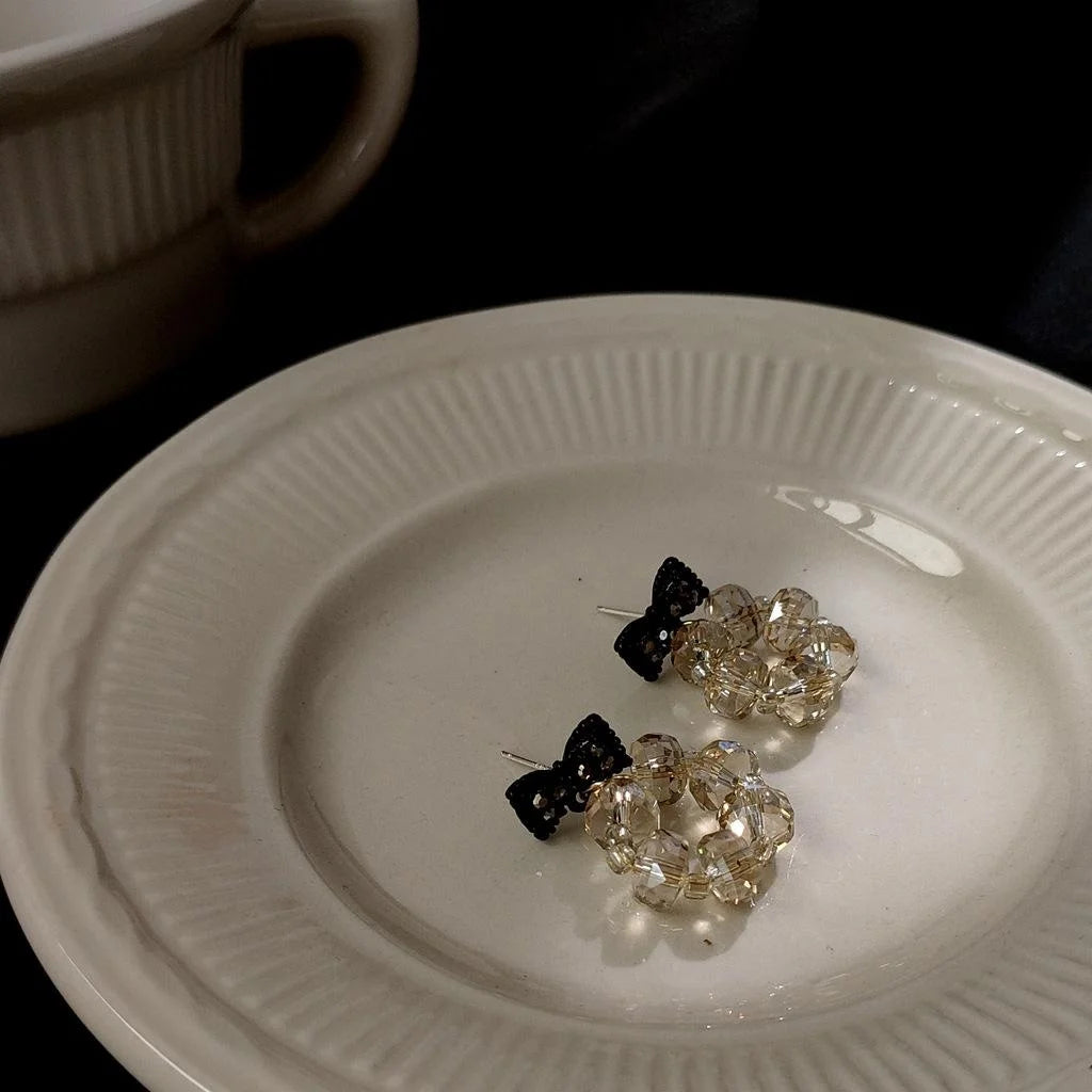 14K Gold Plated Black Crystal Bow Drop Earrings Handmade Korean Light Luxury Style