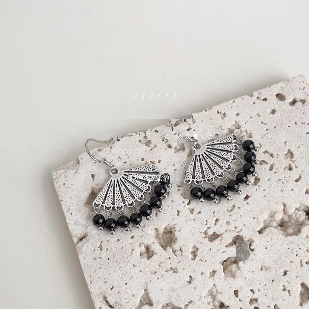 Ethnic Fan Tassel Drop Earrings Black Handmade Copper Silver Plated Elegant Geometric Jewelry
