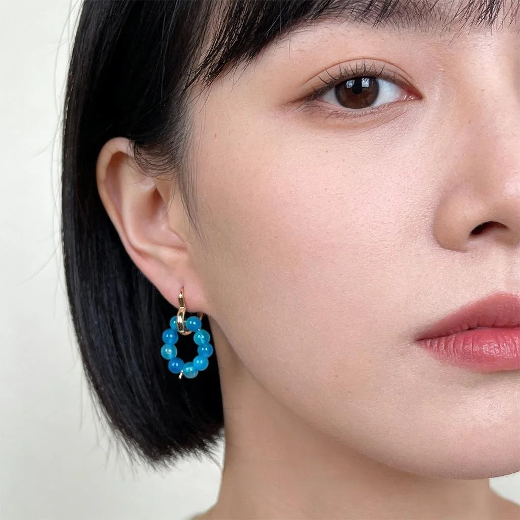 Aqua Blue Natural Agate Heart Geometric Floral Drop Earrings Handmade Resort Style