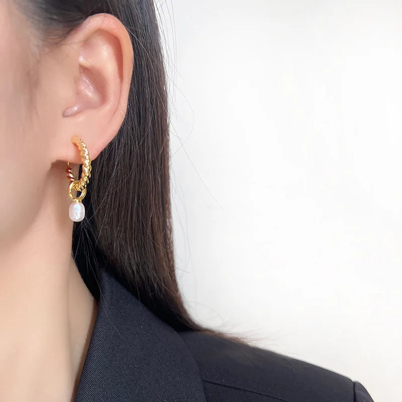 Elegant Twisted Hoop Freshwater Pearl Dangle Stud & Clip On No Piercing Spiral Ear Cuff Earrings