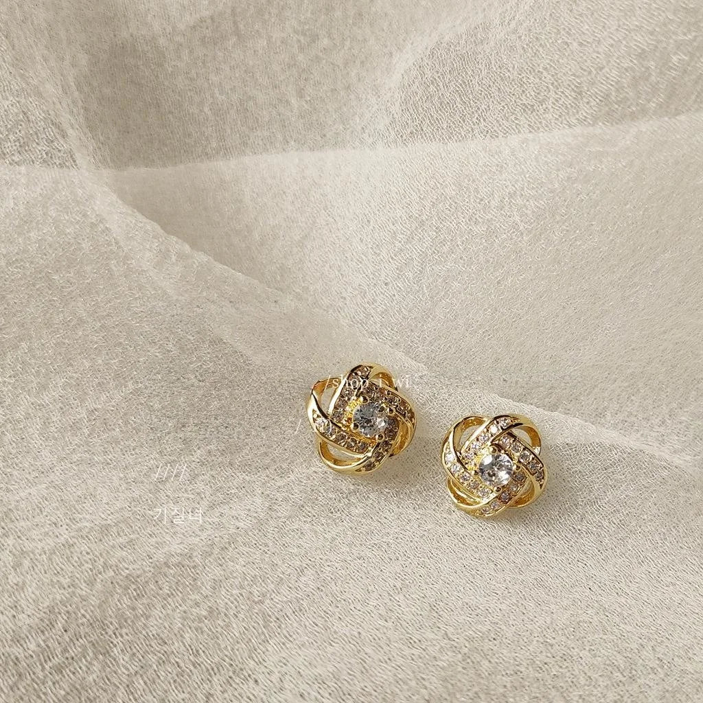 14K Plated Copper Zircon Spiral Knot Stud Earrings Korean Minimalist Mini Geometric Jewelry
