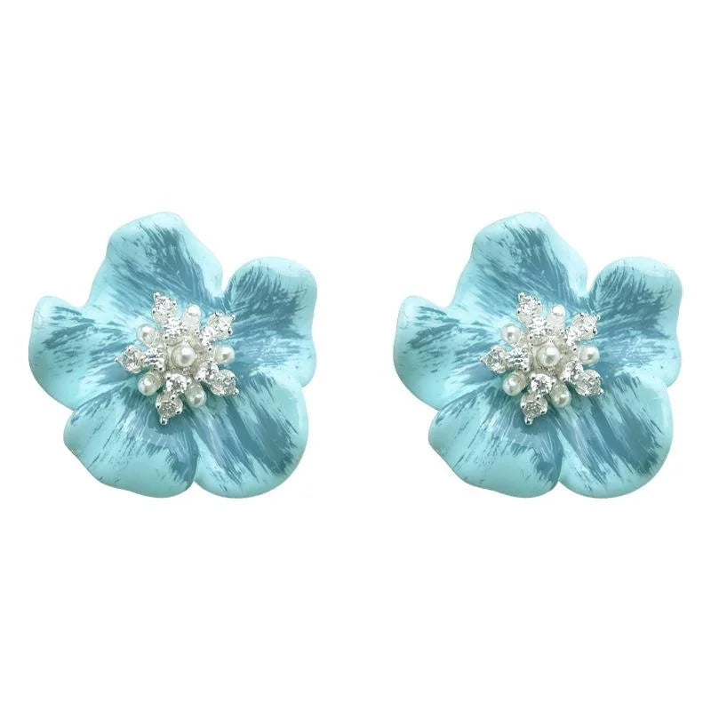 French Sweet Blue Flower Stud Earrings Copper Zircon Pearl Hand Painted Enamel Floral Jewelry