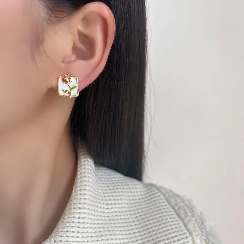 Elegant Enamel Red Rose Square Alloy Flower Stud & Clip On No Piercing Women's Fashion Earrings