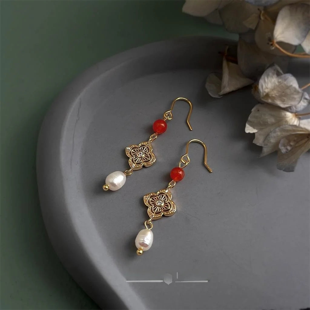 Handmade New Chinese Style Copper Zircon Red Agate Freshwater Pearl Tassel Drop Earrings