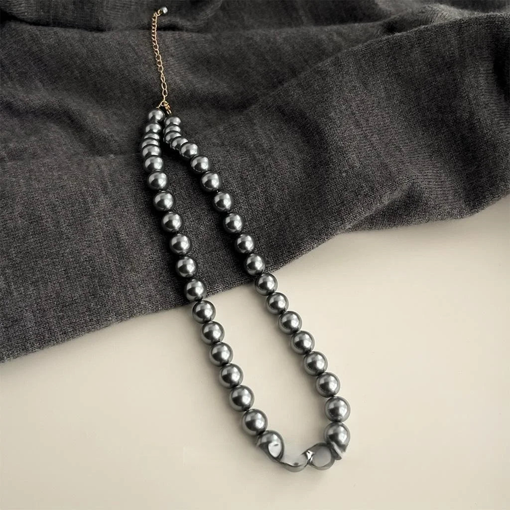 14K Plated Gray Glass Pearl Geometric Round Sweater Necklace Choker