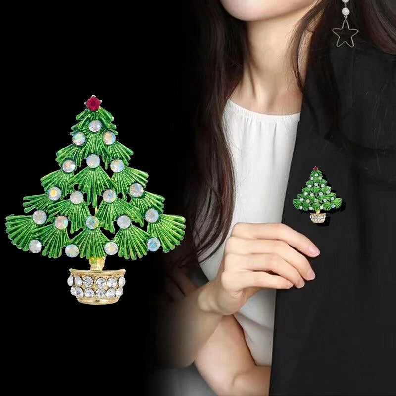 Elegant Enamel Christmas Tree Brooch With Red Rhinestones, Holiday Lapel Pin Corsage Suit Accessory Gift