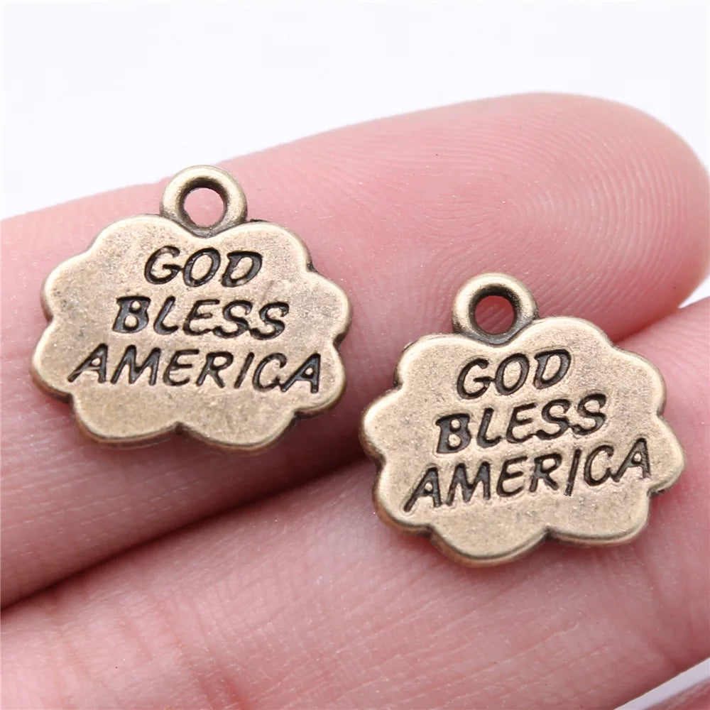 16x15mm 1.73g Antique Bronze Zinc Alloy God Bless America Quote Charm Pendant for DIY Jewelry Making