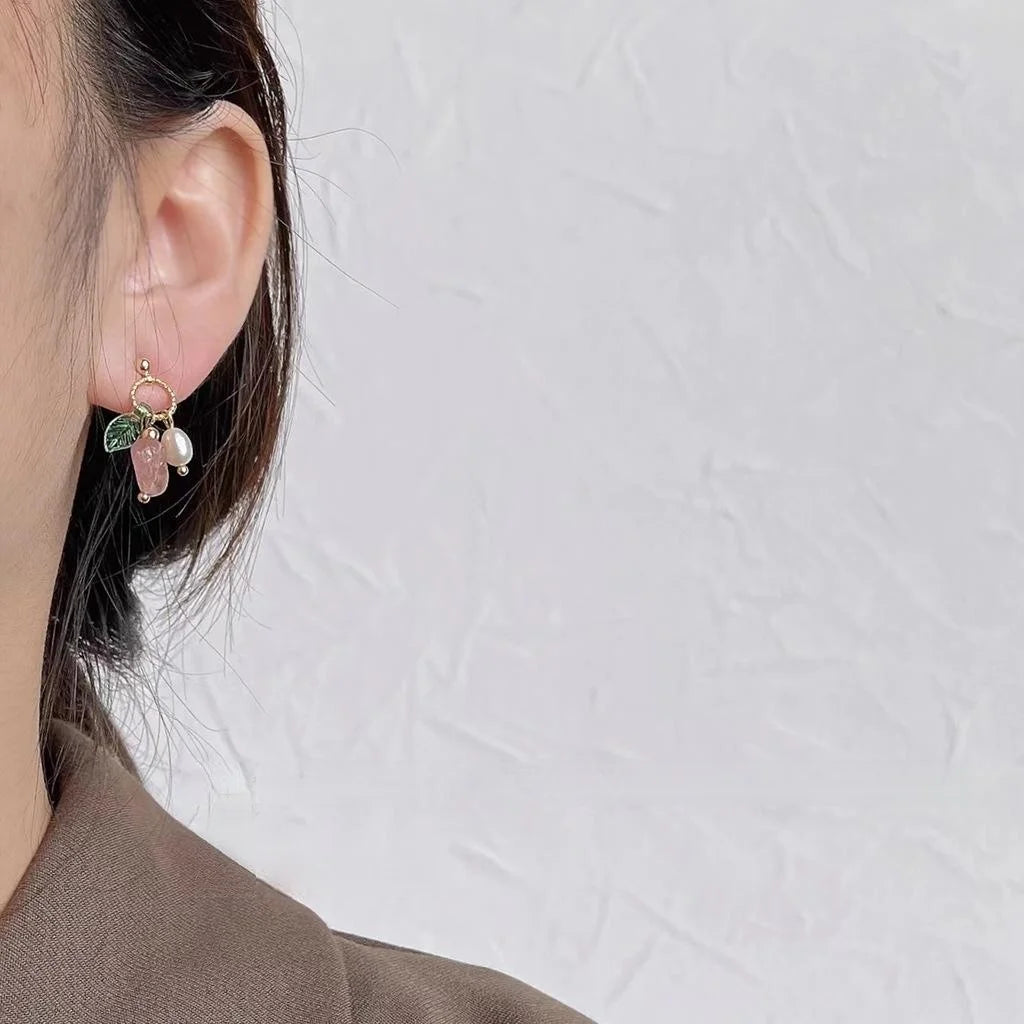 14K Gold Plated Copper Freshwater Pearl Strawberry Quartz Vintage Geometric Stud Earrings