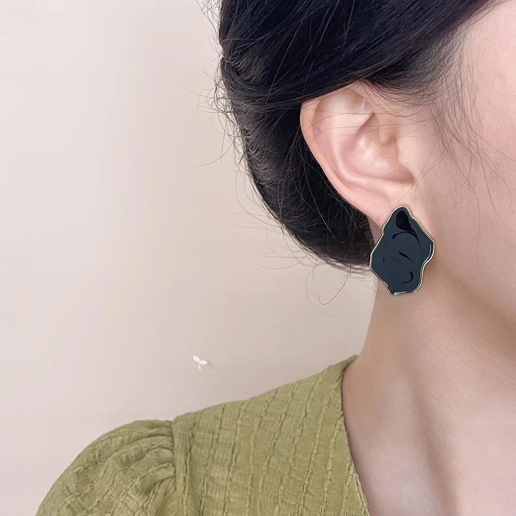 Vintage 14K Plated Irregular Geometric Gray Enamel Drop Earrings