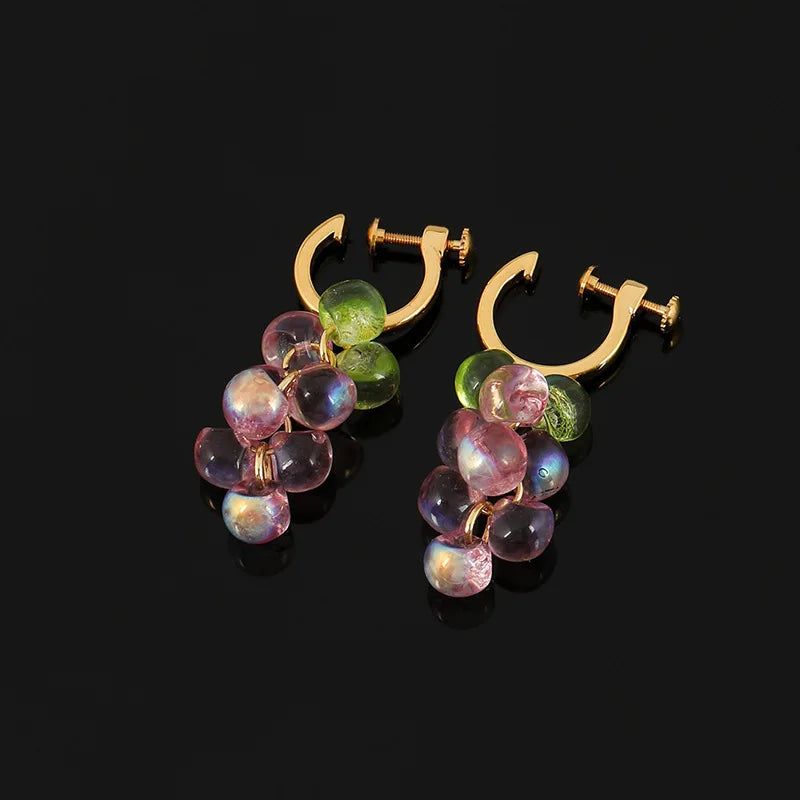 Elegant Forest Style Grape Cluster Crystal Bead Drop Stud & Clip On No Piercing Gold Alloy Hoop Earrings