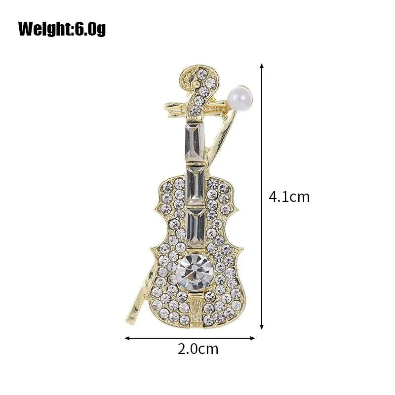 Elegant Violin Brooch With Sparkling Rhinestones And Pearl Accent, Gold Tone Alloy Lapel Pin Gift