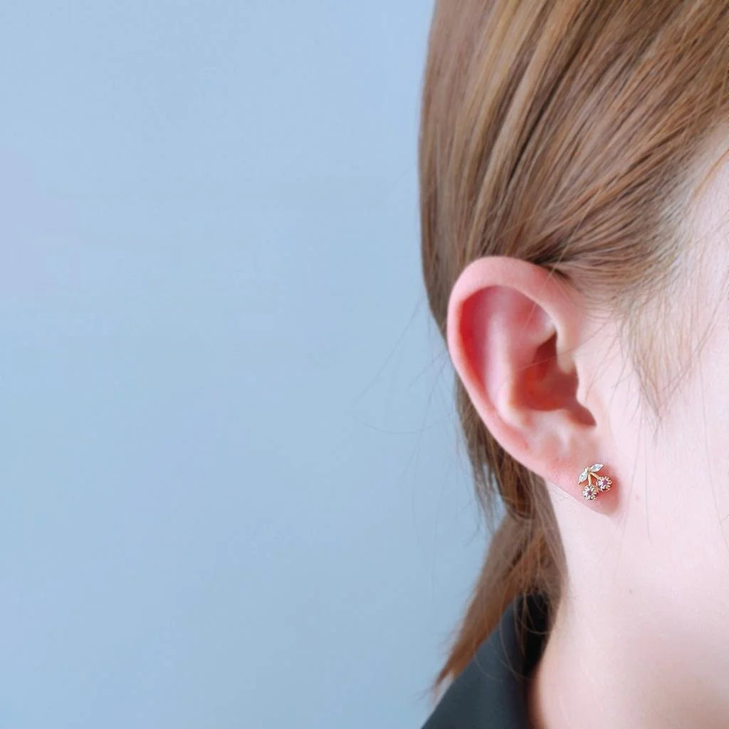 14K Silver Plated Zircon Cherry Fruit Stud Earrings For Women Simple Mini Micro Pave Jewelry