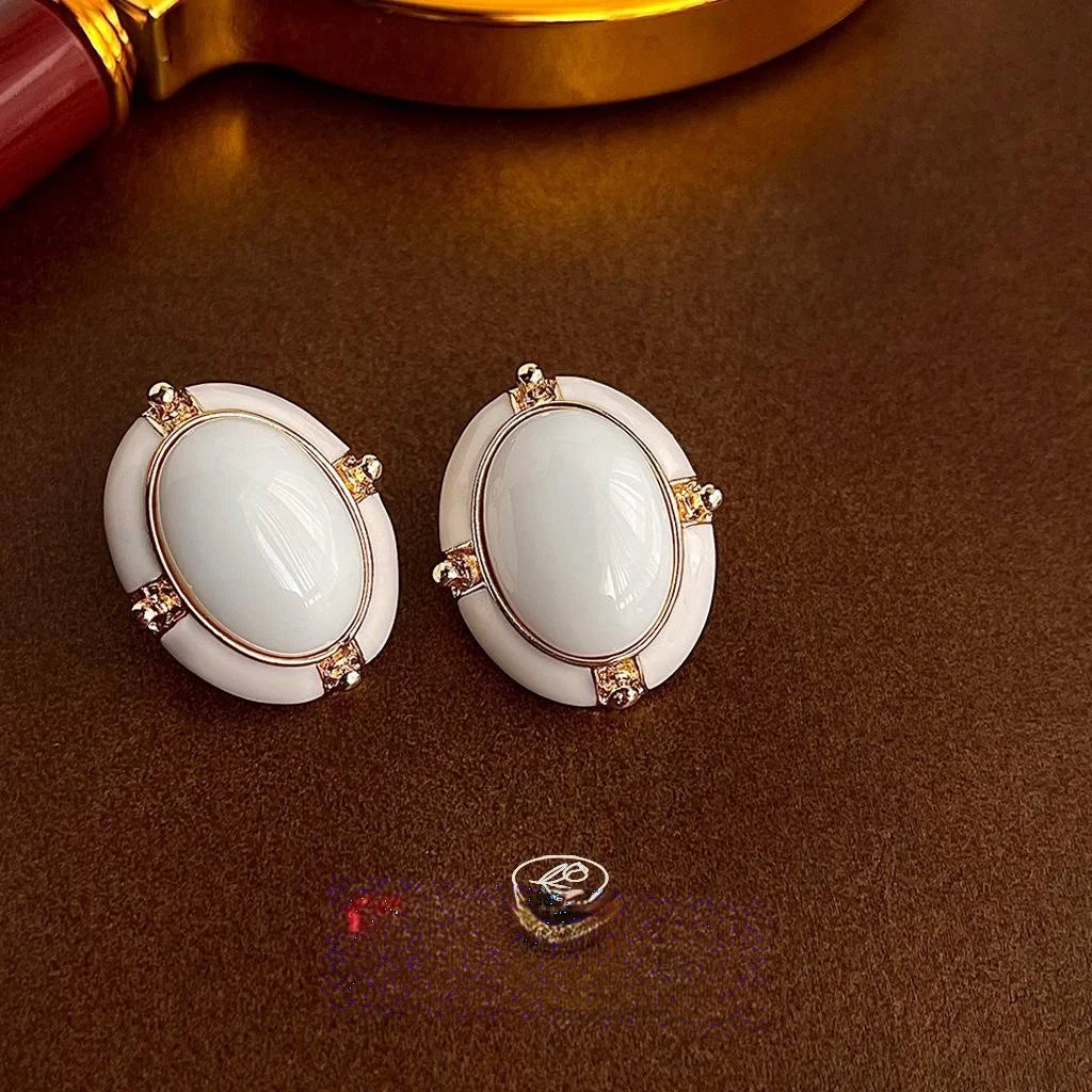 Platinum Tone Eco Copper French Vintage Oval Enamel Palace Style Drop Earrings