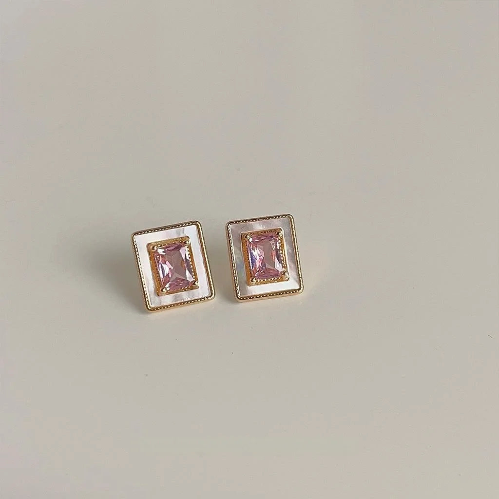 Luxury Pink Zircon Real Shell Geometric Rectangle 14K Plated Copper Stud Earrings