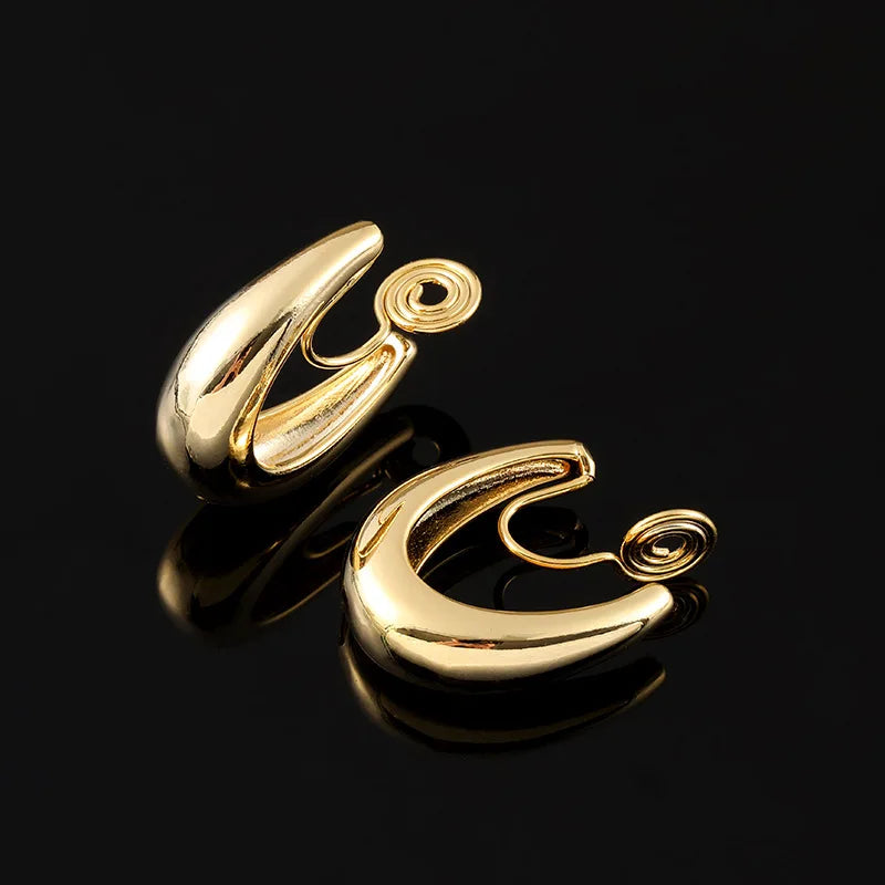 Vintage Gold Alloy U Shape Spiral Hoop Stud & Clip On No Piercing French Minimalist Earrings