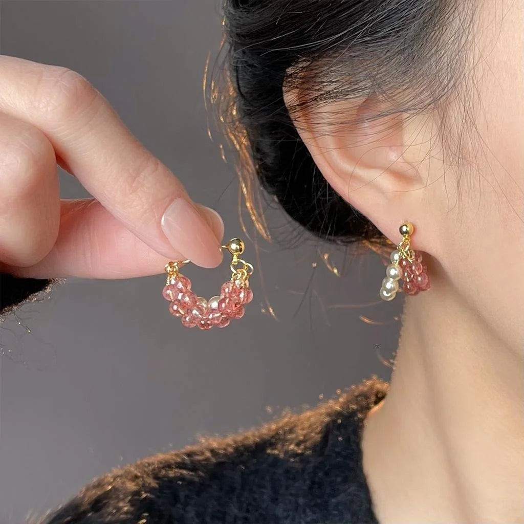 Sweet Strawberry Quartz Natural Stone Drop Earrings Handmade Copper Geometric Hoop