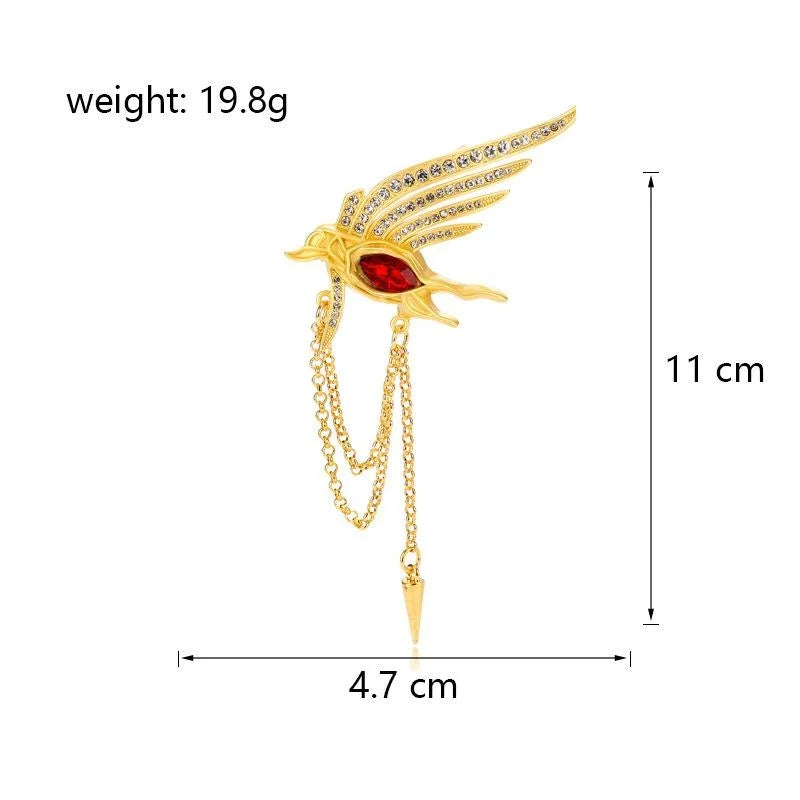 Luxury Gold Alloy Phoenix Wing Brooch With Red Rhinestone And Chain Tassel, Elegant Lapel Pin Gift