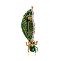 Elegant Green Enamel Leaf And Spider Brooch With Rhinestones, Gold Tone Alloy Lapel Pin Gift