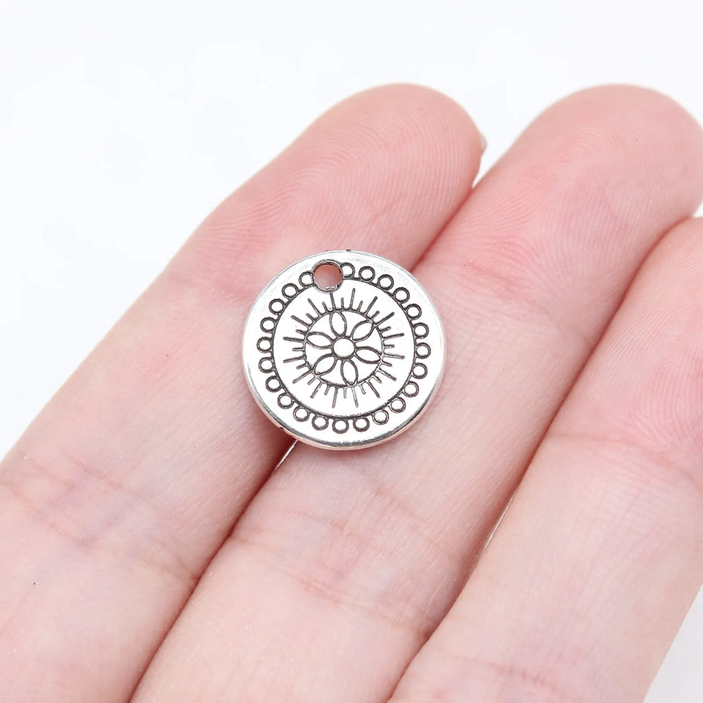 14x14mm 1.1g Zinc Alloy Patterned Round Tag Charm Pendant for DIY Necklace Bracelet Jewelry Making