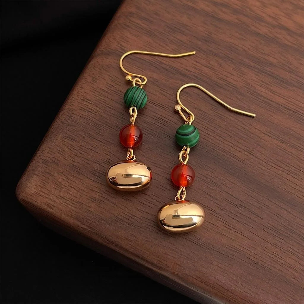 Vintage Handmade Red Agate Synthetic Malachite Copper Tassel Drop Earrings For Women