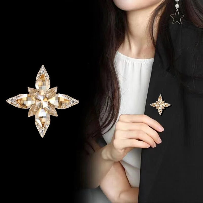 Elegant Eight Point Star Flower Brooch With Blue Rhinestone Crystal Alloy Lapel Pin Corsage Gift
