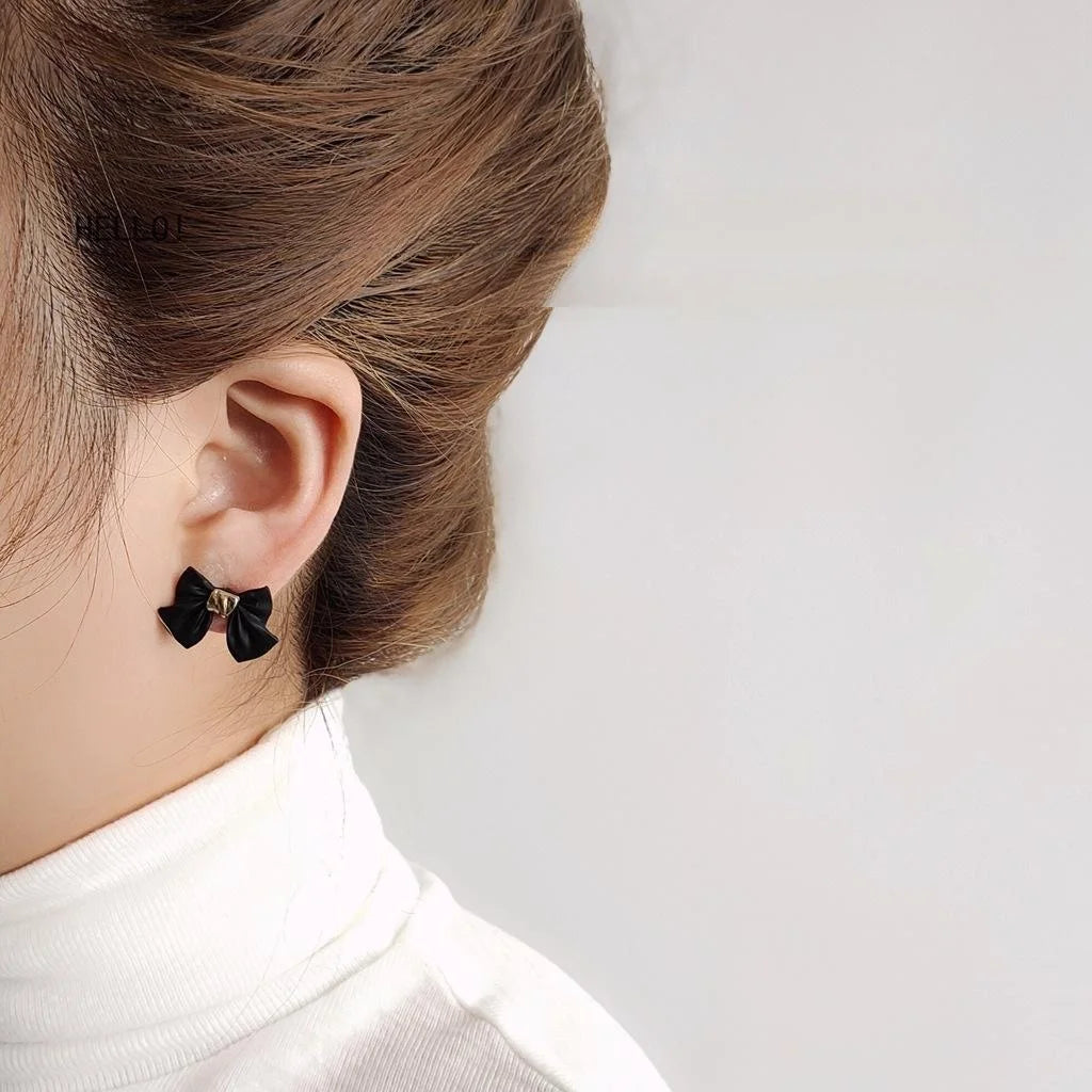 Hepburn Style Enamel Bow Stud Earrings Copper Japanese Korean Elegant Small Ear Jewelry