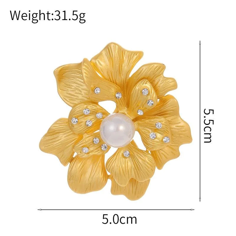 Elegant Gold Alloy Peony Flower Brooch With Pearl And Rhinestone Double Petals, 3D Lapel Pin Gift