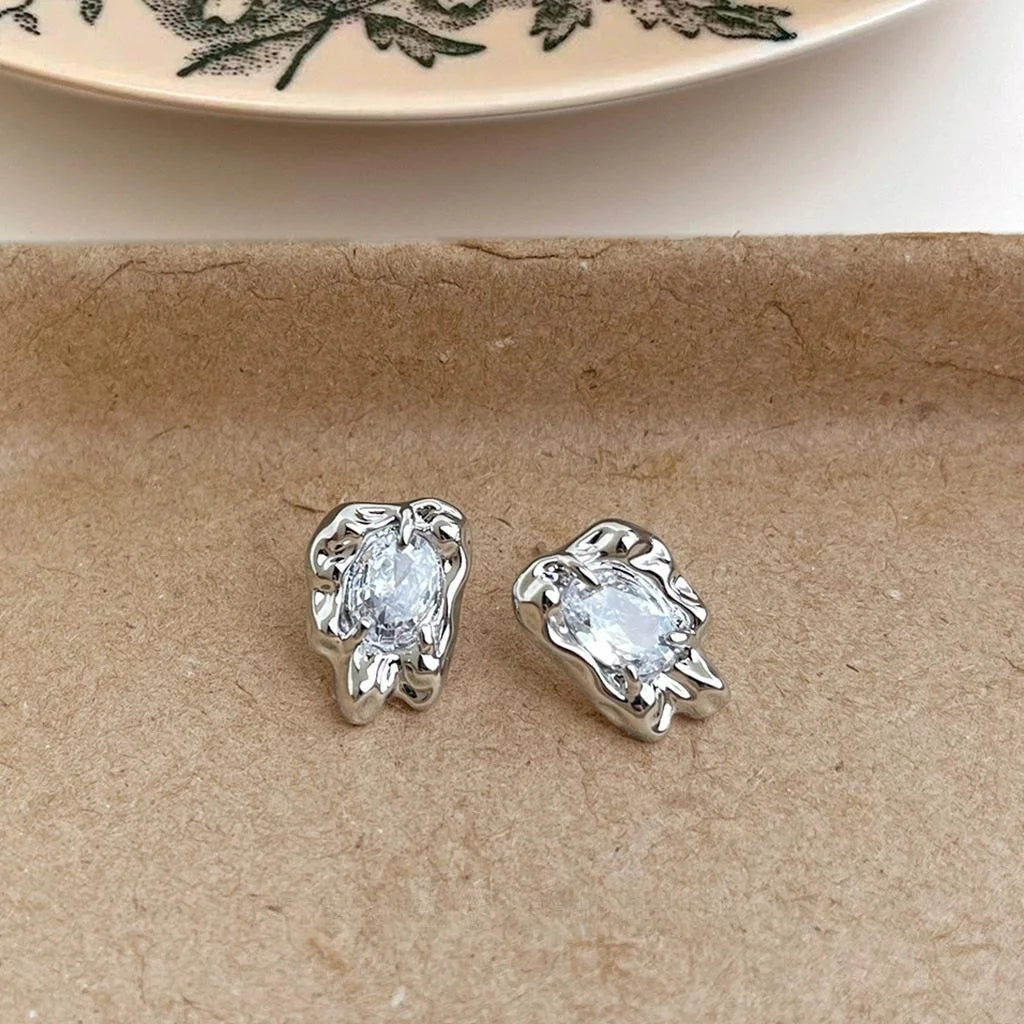 Designer Liquid Irregular Silver Plated Zircon Geometric Style Stud Earrings For Women