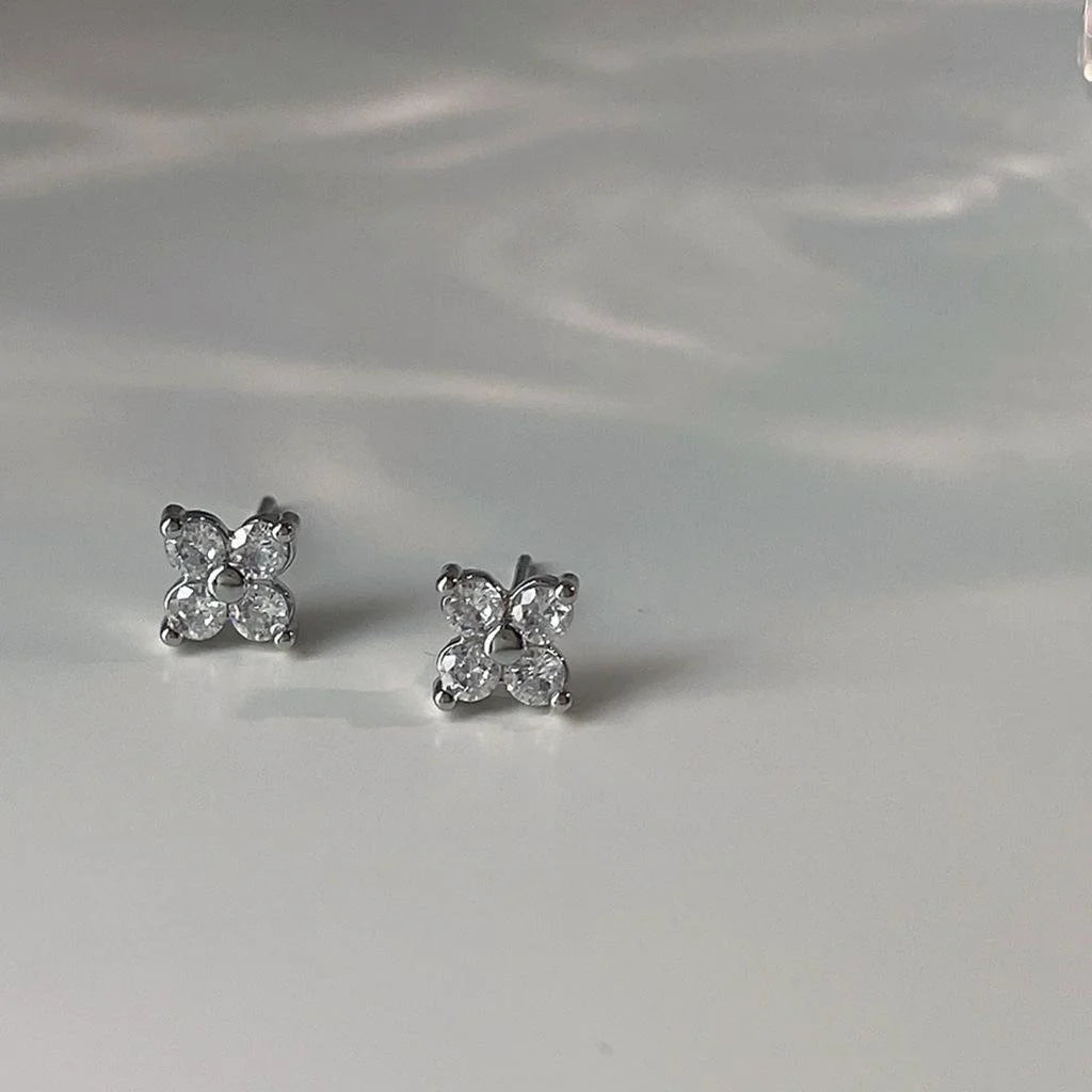 Mini Micro Pave Zircon Lucky Flower Copper Stud Earrings, Silver Plated Simple Daily Jewelry