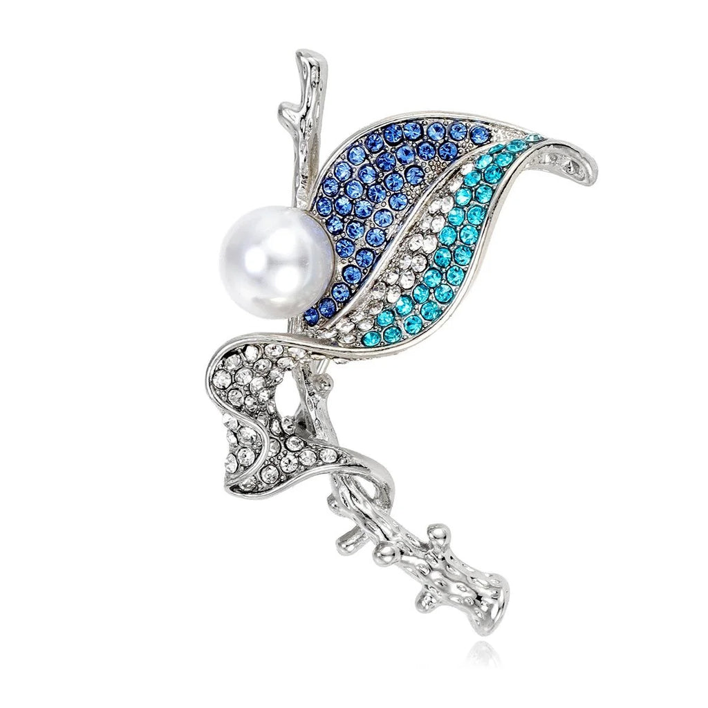 Elegant Pearl Leaf Brooch With Blue Rhinestone Alloy Branch, Luxury Lapel Pin Corsage For Suit And Sweater Gift