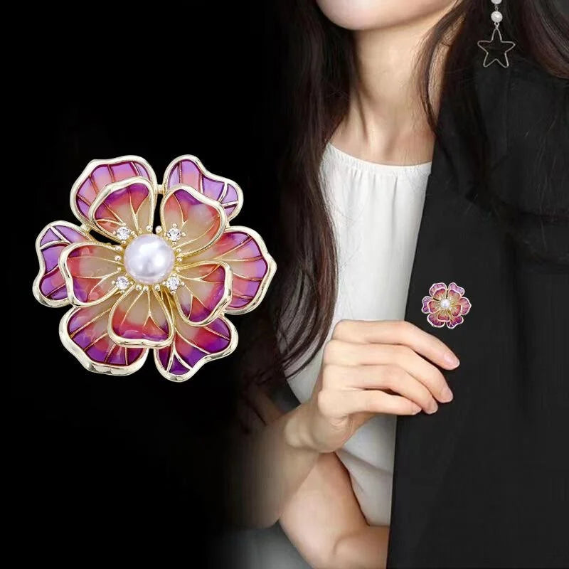 Elegant Chinese Style Enamel Peony Flower Brooch With Faux Pearl Rhinestones, Luxury Lapel Pin Suit Accessory