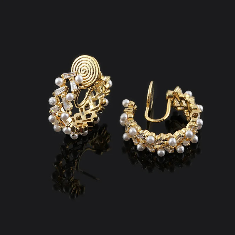 Luxury Gold Tone Spiral Hoop Pearl Zircon Alloy Stud & Clip On No Piercing Commuter Earrings