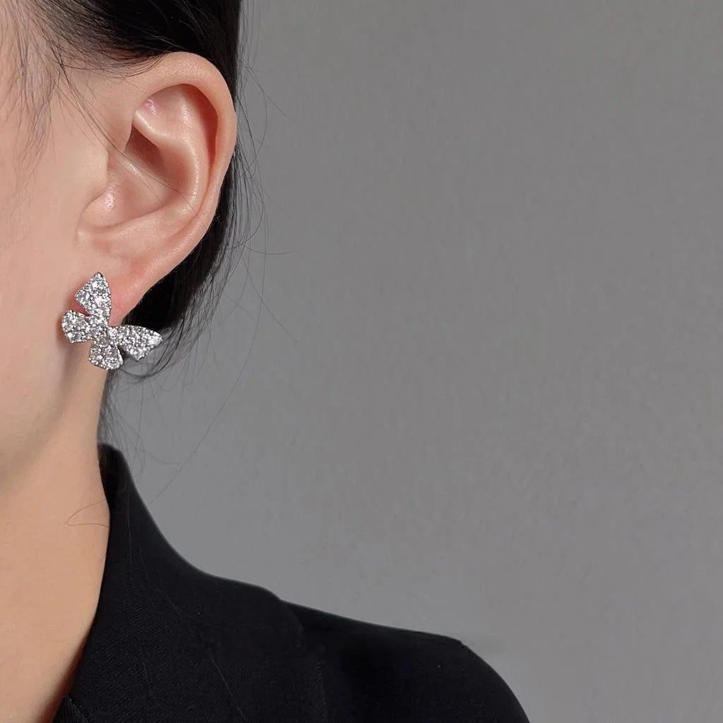 French Light Luxury Micro Pave Zircon Butterfly Copper Stud Earrings For Women