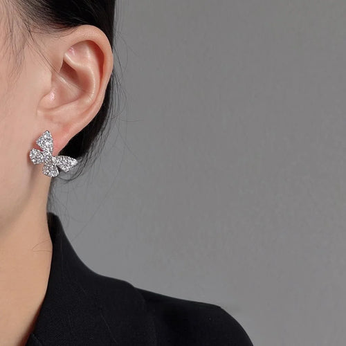 French Light Luxury Micro Pave Zircon Butterfly Copper Stud Earrings For Women