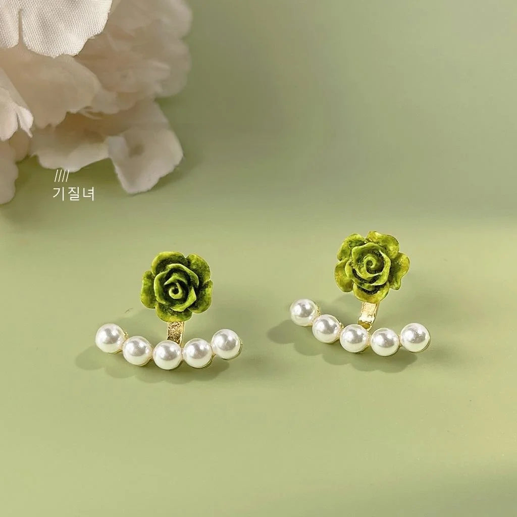 14K Gold Plated Copper Pearl Flower Stud Earrings Two Way Fresh Style