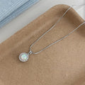 Platinum Plated Copper Synthetic Opal Necklace With Micro Pave Zircon Round Geometric Pendant