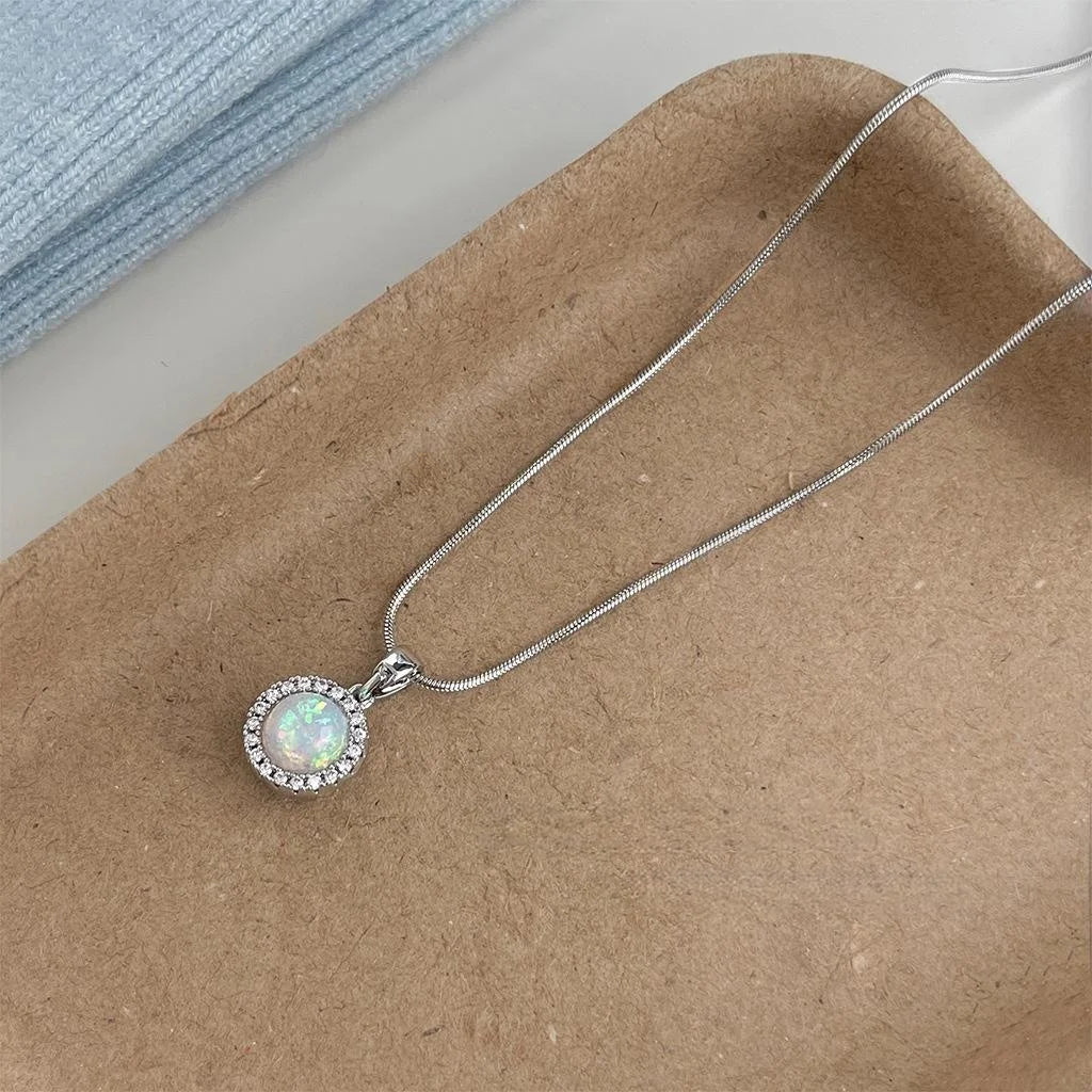 Platinum Plated Copper Synthetic Opal Necklace With Micro Pave Zircon Round Geometric Pendant