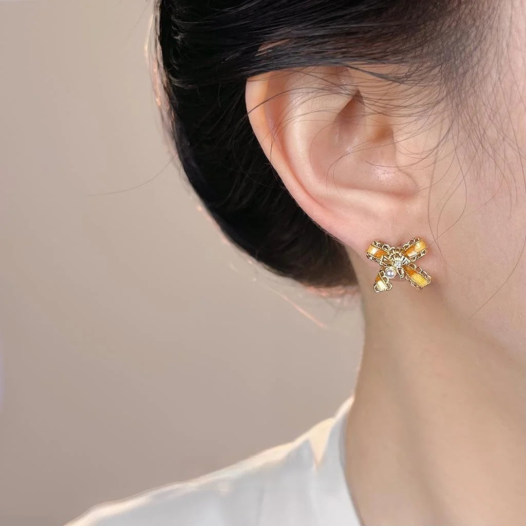 Maillard Style Bow Ginkgo Leaf Stud Earrings, Hand Painted 14K Plated Copper