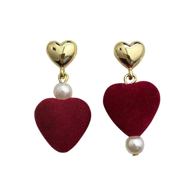 Burgundy Flocked Heart Asymmetric 14K Gold Plated Copper Drop Earrings