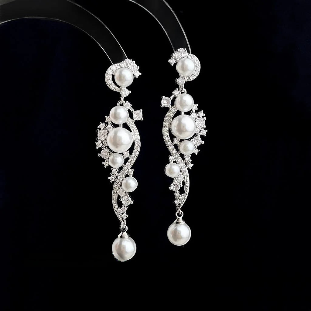 Luxury Copper Zirconia Faux Pearl Tassel Vine Geometric Drop Earrings for Evening Wear