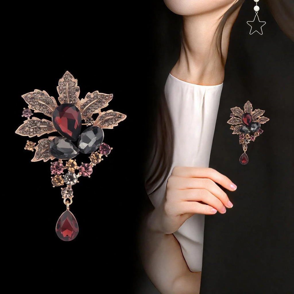 Vintage Crystal Flower Brooch With Teardrop Pendant, Rhinestone Leaf Lapel Pin Luxury Suit Accessory Gift