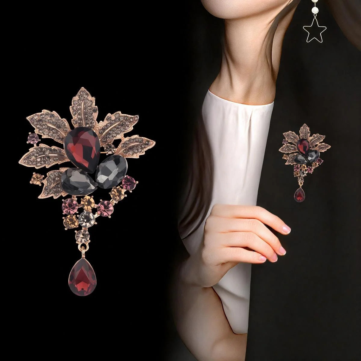 Vintage Crystal Flower Brooch With Teardrop Pendant, Rhinestone Leaf Lapel Pin Luxury Suit Accessory Gift
