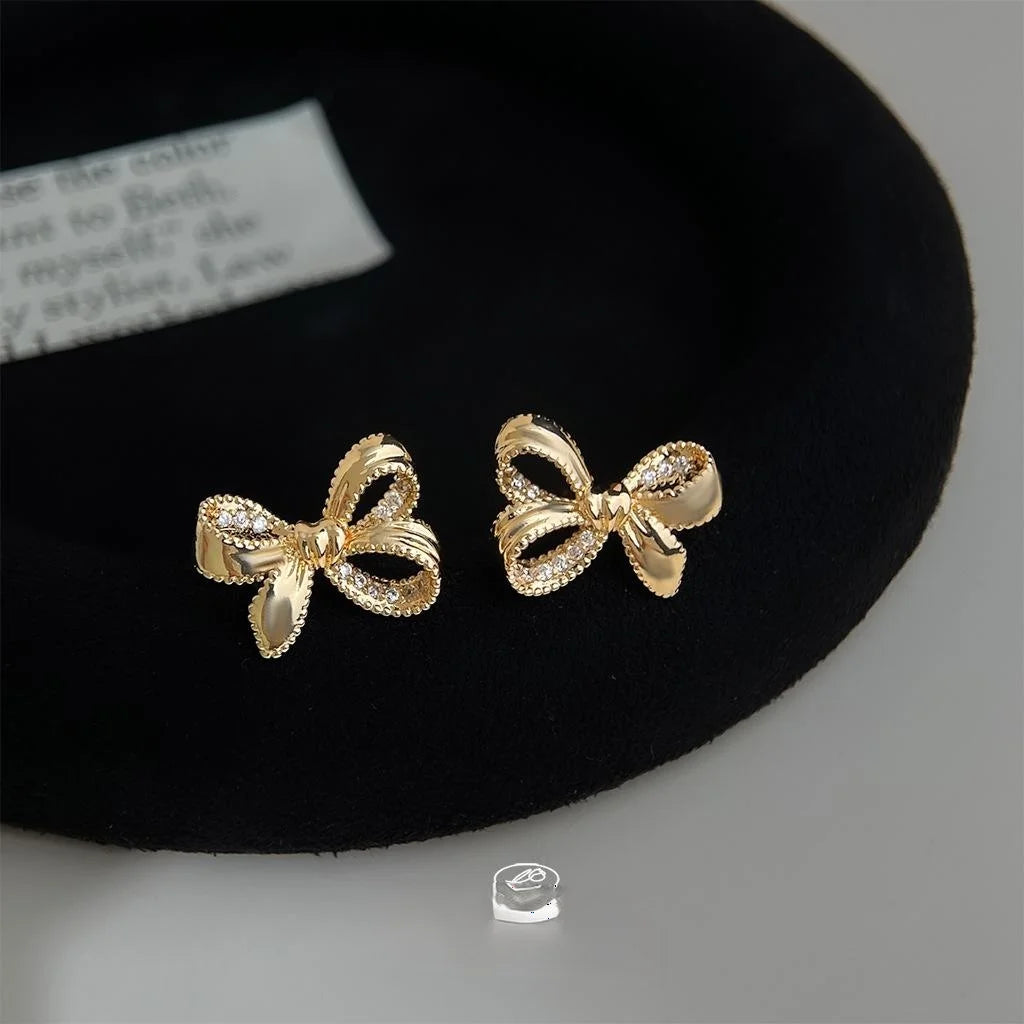 Light Luxury Copper Bow Knot Ribbon Micro Pave Zircon Silver Plated Stud Earrings