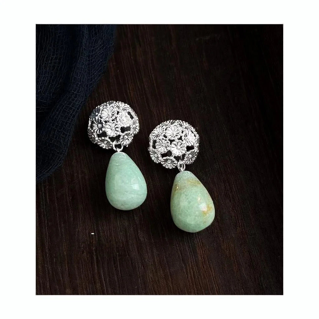 Natural Aventurine Jade Flower Drop Earrings New Chinese Vintage Teardrop Guofeng Jewelry