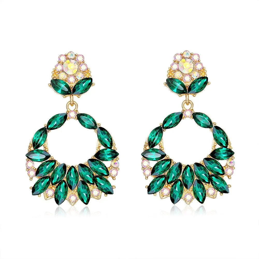 Vintage Geometric Hollow Round Drop Earrings With Green Glass Crystal Rhinestones Alloy For Wedding Party