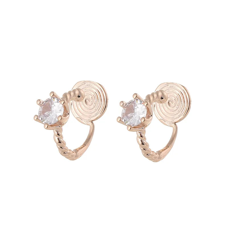 Elegant Zircon Spiral Disc Hoop Stud & Clip On No Piercing Rose Gold Plated Minimalist Women's Earrings