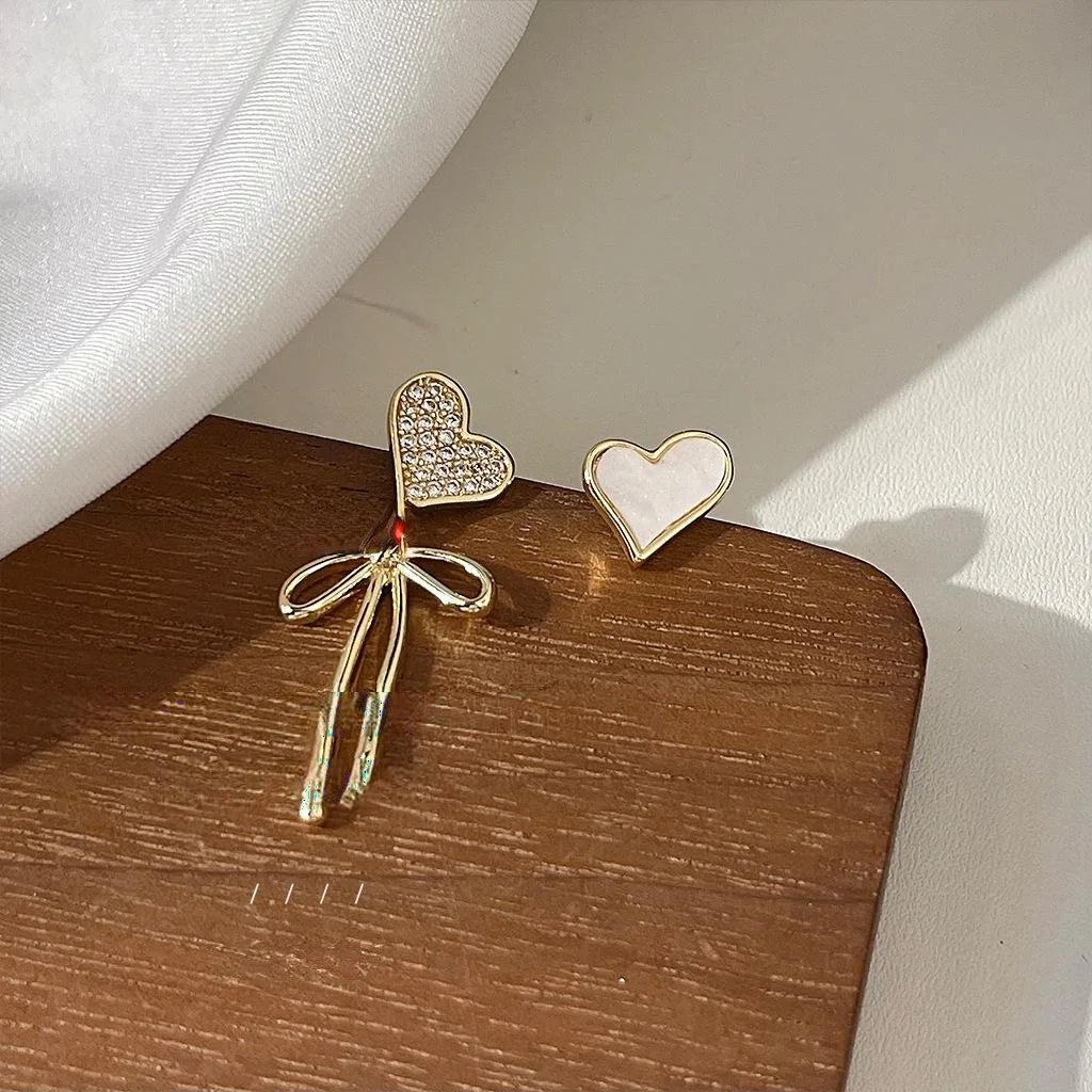 14K Plated Copper Micro Pave Zircon Asymmetric Heart Bow Stud Earrings Sweet Jewelry