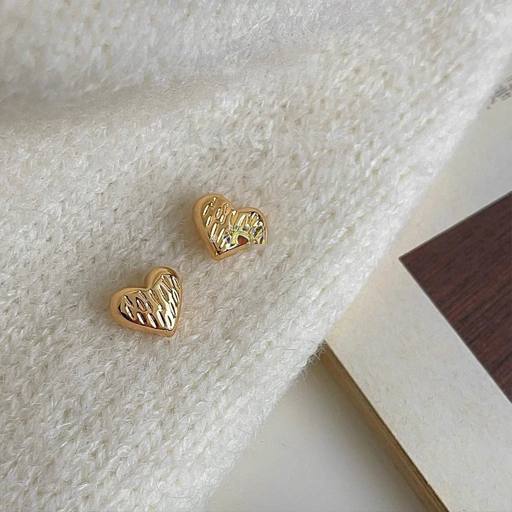 14K Gold Plated Copper Mini 3D Textured Heart Stud Earrings Sweet Minimalist Everyday