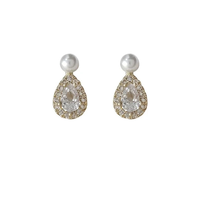 Mini 14K Gold Plated Copper Teardrop Stud Earrings With Micro Pave Zircon For Women